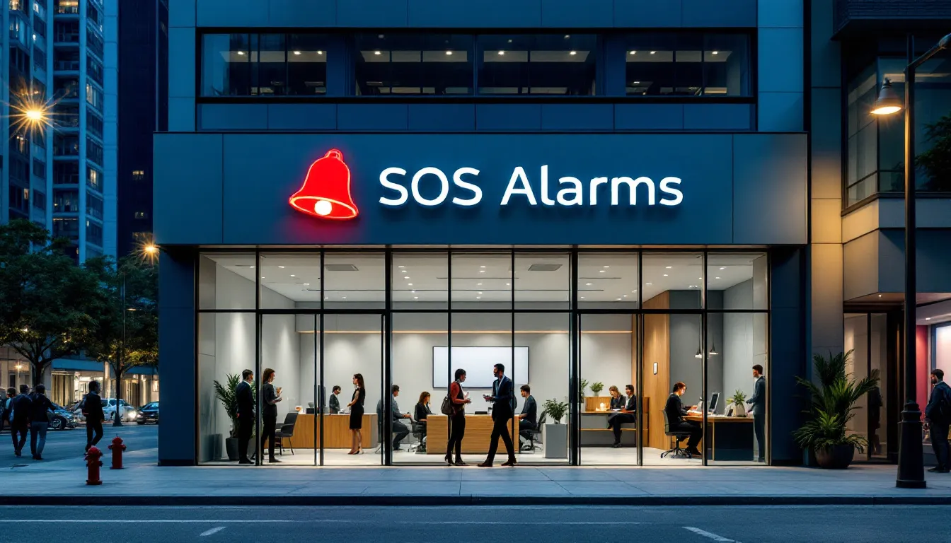 An emergency alarm company is depicted, showcasing a team of expert technicians discussing various security systems, including burglar alarms and fire alarms. The image conveys a sense of professionalism and readiness to respond to emergencies, with technicians equipped to handle installations and repairs for commercial properties.